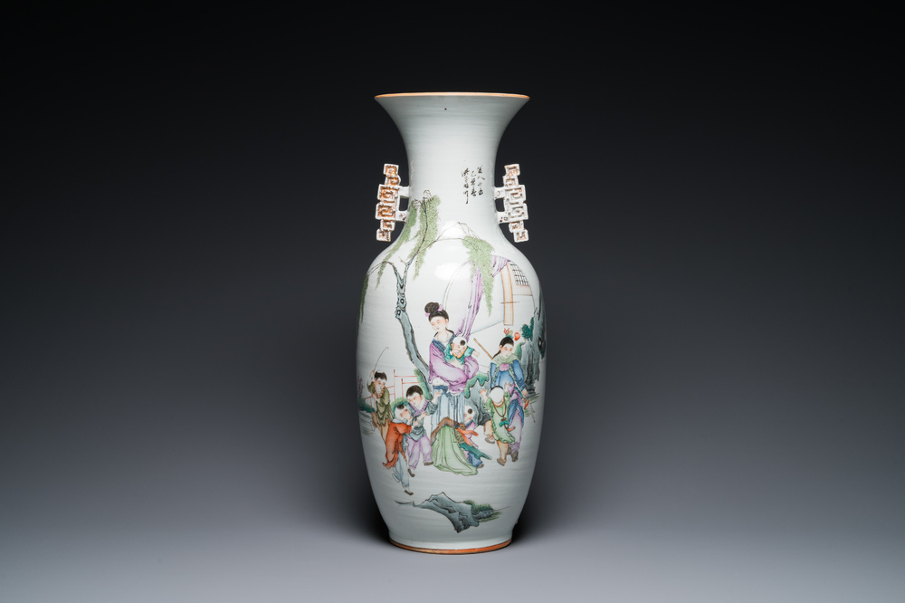 A Chinese famille rose two-sided design vase, signed Hong Chengwang 洪成旺, dated 1906