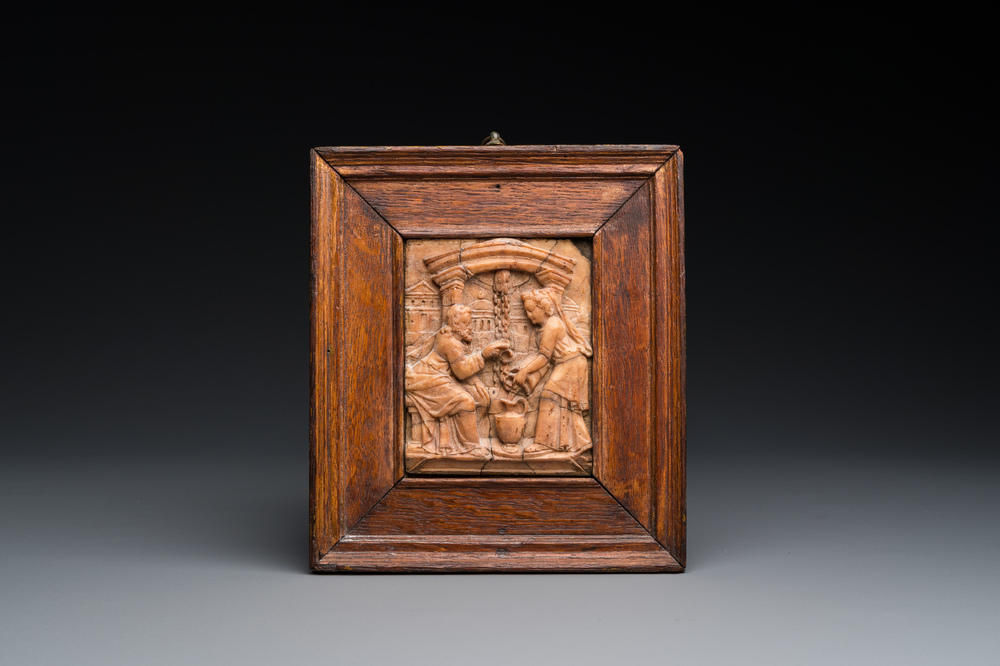 Relief en alb&acirc;tre de Malines repr&eacute;sentant J&eacute;sus et la Samaritaine au puits, Flandres, d&eacute;but du 17&egrave;me