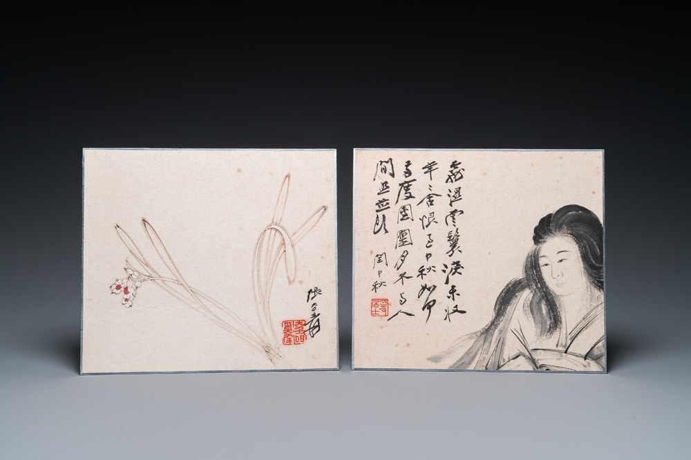 Navolger van Zhang Daqian 張大千 (1898-1983): 'Chinese schone' en 'Orchidee', inkt en kleur op papier