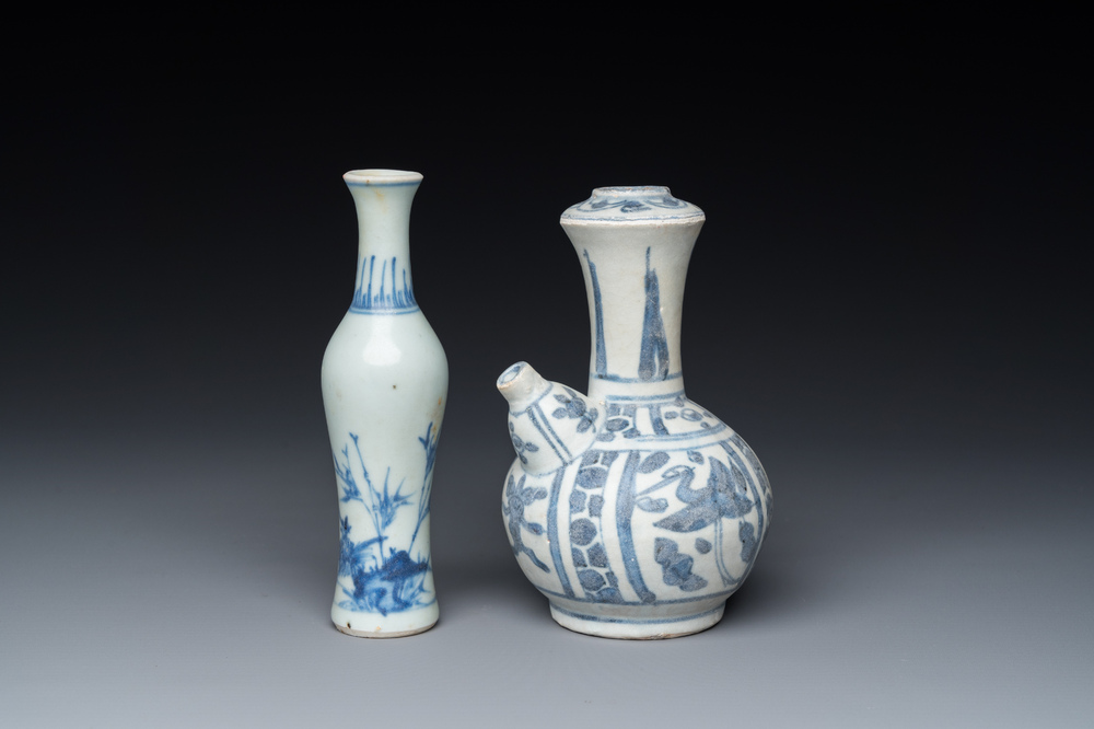 A Chinese blue and white kendi and a small vase, Hatcher Cargo, Transitional period