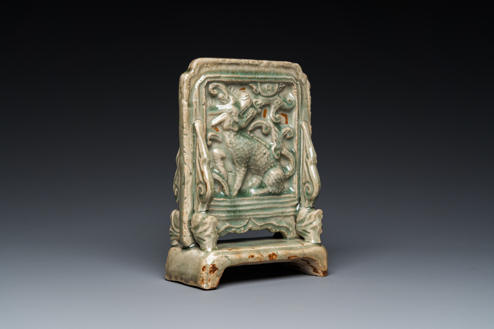 A small Chinese Longquan celadon table screen, Ming