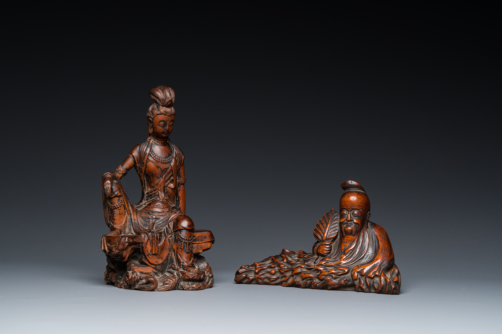 Deux sculptures en bois figurant Guanyin et Tudigong, Chine, Qing