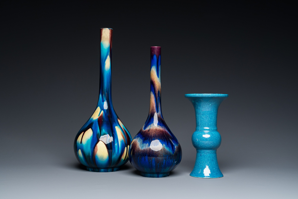 Two Japanese flamb&eacute;-glazed Awaji bottle vases and a Chinese robin's egg-glazed vase, 19/20th C.