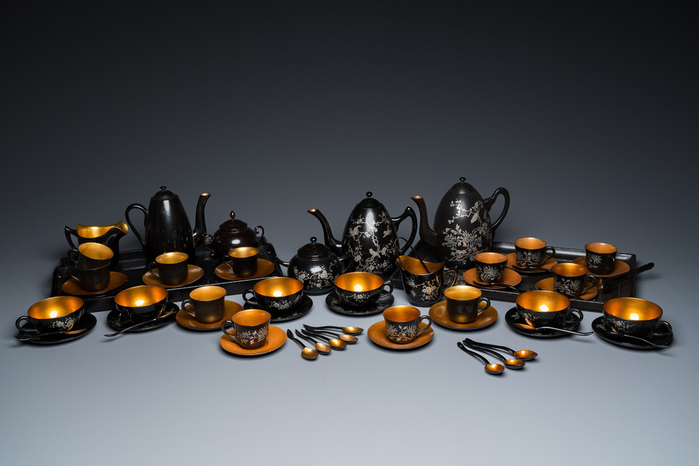 Two Chinese black Fuzhou or Foochow lacquer coffee services on trays, Republic