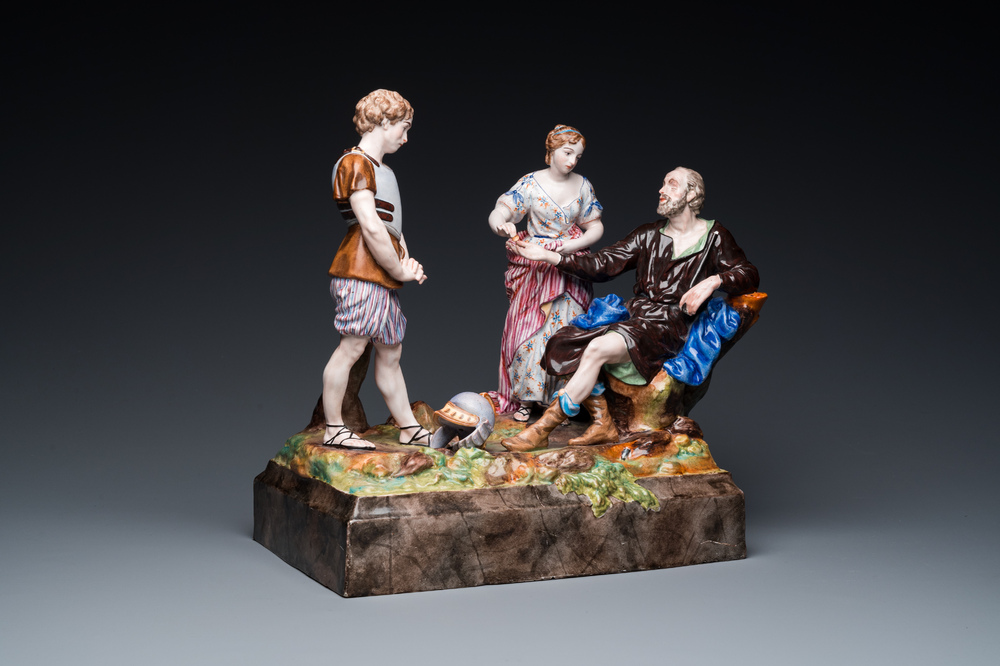 Grand groupe &agrave; d&eacute;cor de l'histoire de B&eacute;lisaire en fa&iuml;ence polychrome de Niderviller, France, 18&egrave;me