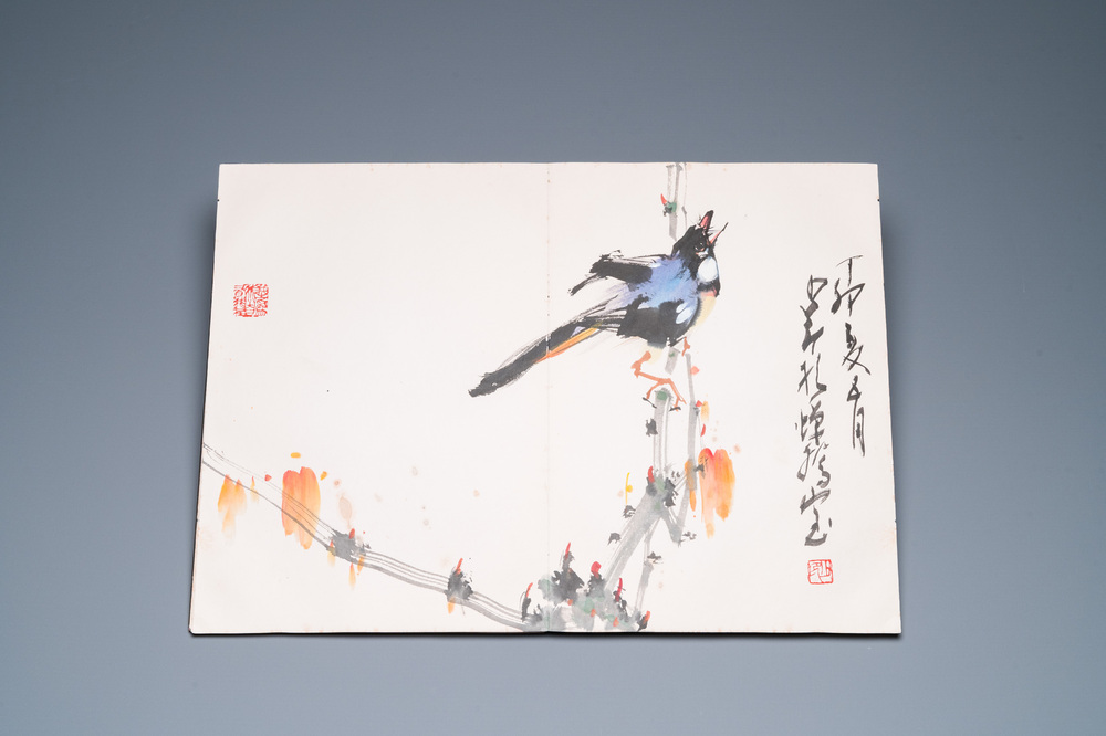 Chinese school: An album of twelve paintings with signatures of celebrities, a.o. Zhao Shaoang 趙少昂, ink and colour on paper, dated 1944