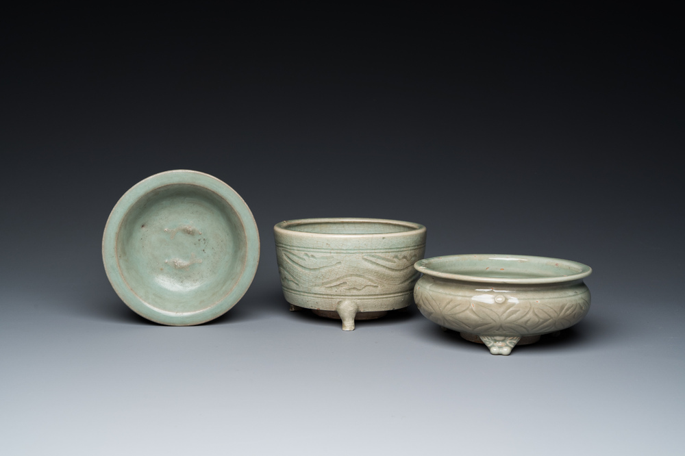 A Chinese Longquan celadon 'twin fish' dish and two censers, Song and/or later