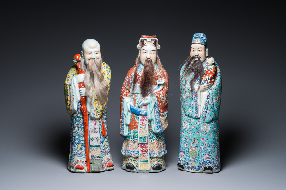 Three Chinese famille rose figures of star gods, Zhu Rong Ji Zao 朱榮記造 mark, 19/20th C.