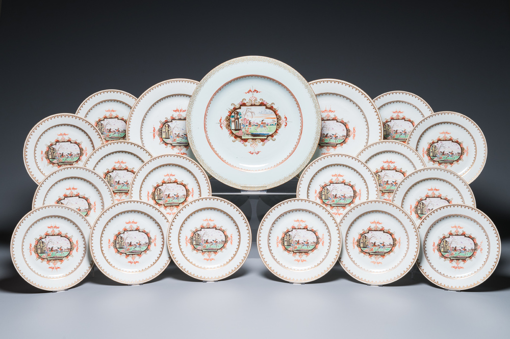 19 Chinese famille rose Meissen-stijl borden en schotels met decor van een ruiter, Qianlong