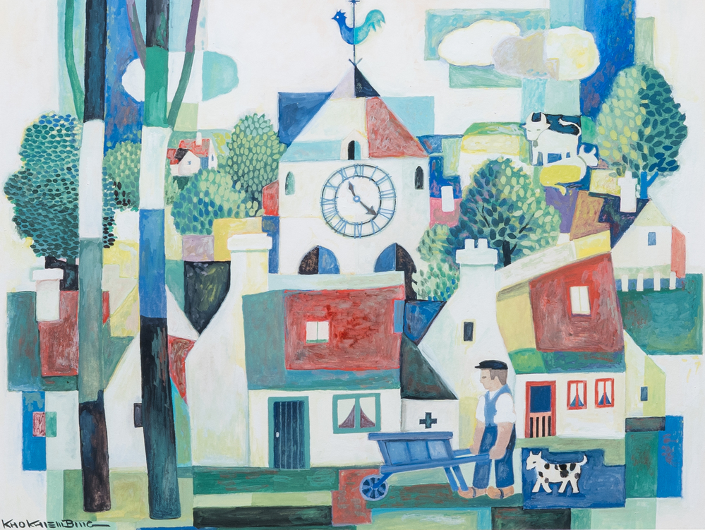 Kho Khiem Bing (Vietnam, 1917-): 'Zicht op dorp met landbouwer', olie op karton
