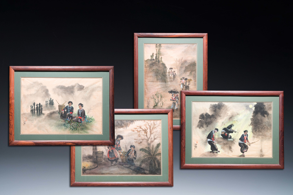 Pham Minh Duc (Vietnam, 20e eeuw): Vier diverse landschappen met figuren, inkt en kleur op papier