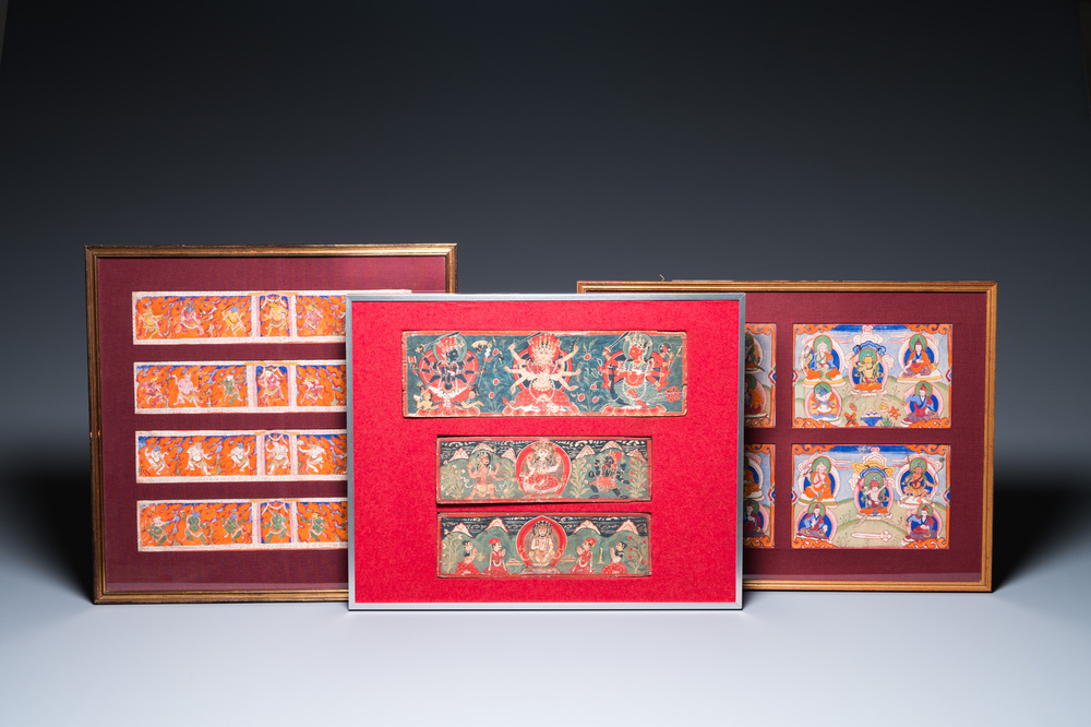 Eight tsaklis and three painted wood book covers, Tibet, 19th C.