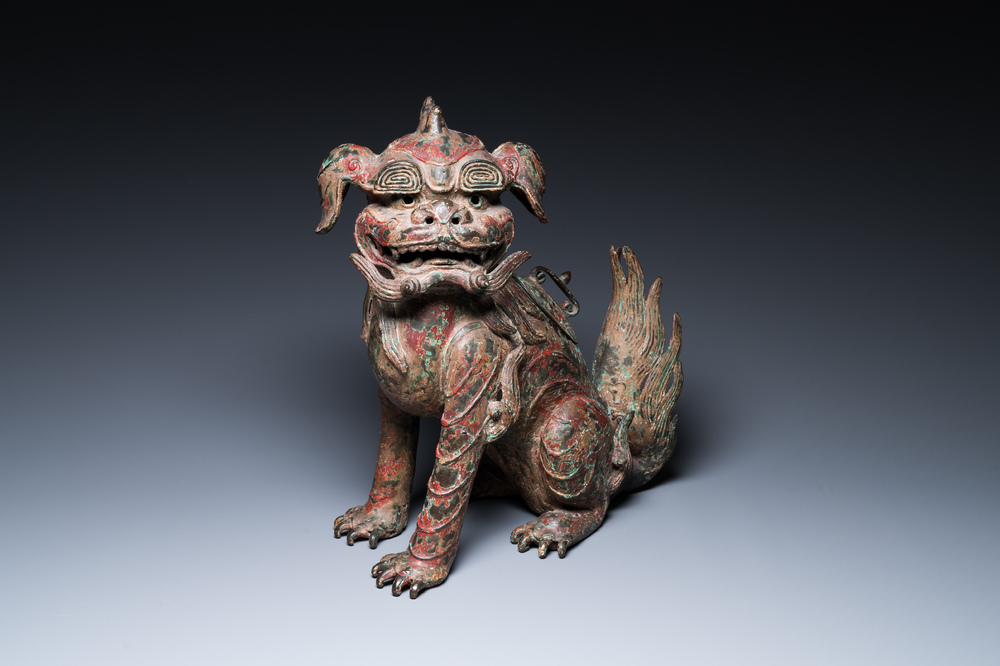 A large Chinese bronze Buddhist lion censer, probably Ming