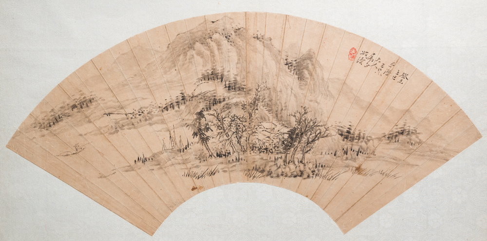 Chinese school: 'Mountainous landscape', ink on a fan leaf, dated 1883