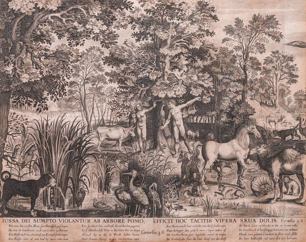 Nicolaes de Bruyn (1571-1656, d'apr&egrave;s): 'Adam et Eve tromp&eacute;s par le serpent', gravure sur papier, ca. 1652