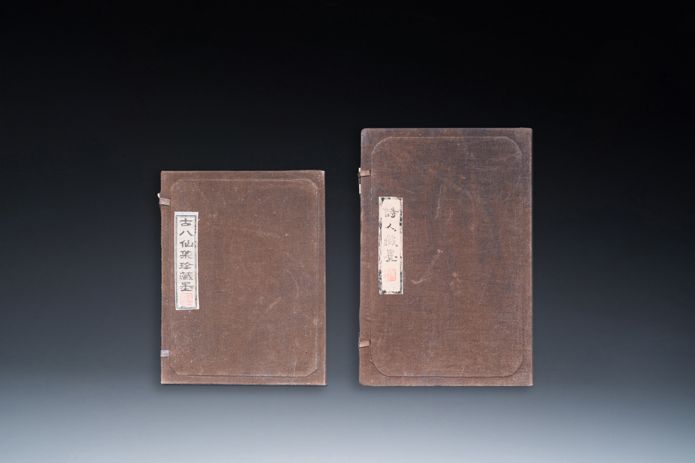 Twee Chinese etuis met inktstenen, Cao Sugong Yao Qianshi 曹素功堯千氏 en Zi Mo Shan Ren 紫墨山人 merken, Republiek