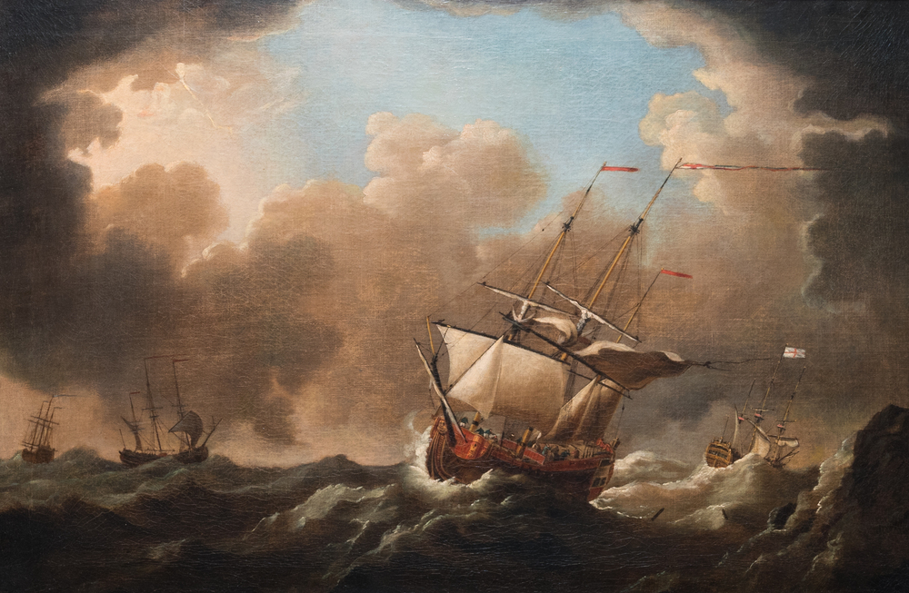 Navolger van Willem van de Velde (1633-1707): 'Marine met vier Britse schepen op zee', olie op doek
