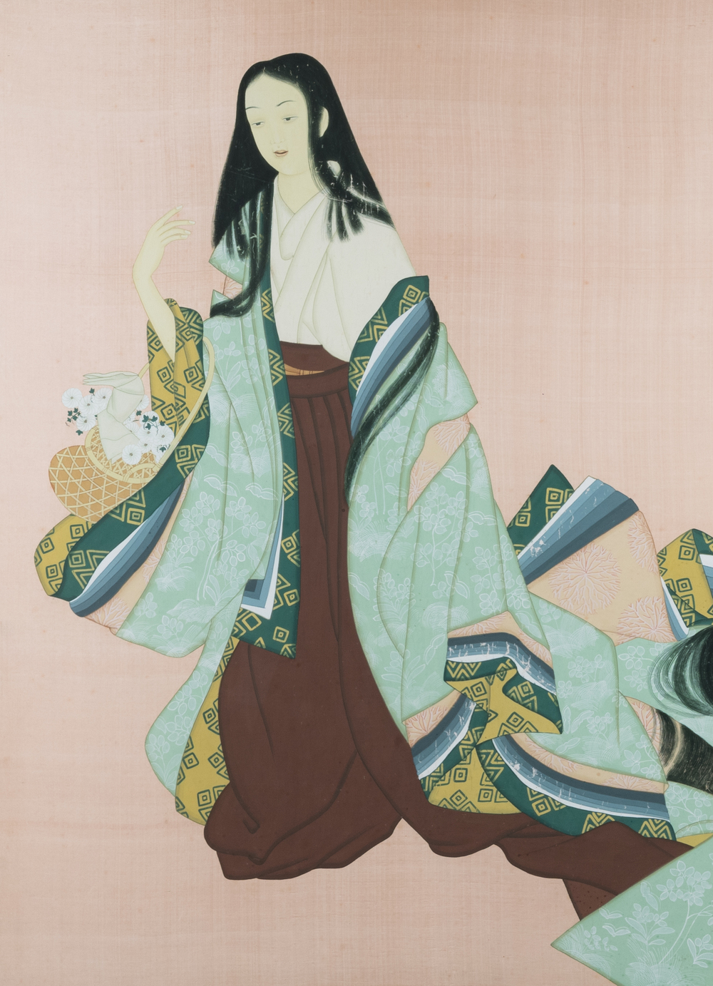 Japanse school, navolger van  Uemura Shoen (1875-1949): 'Jonge vrouw met bloemenmand', Showa, 20e eeuw