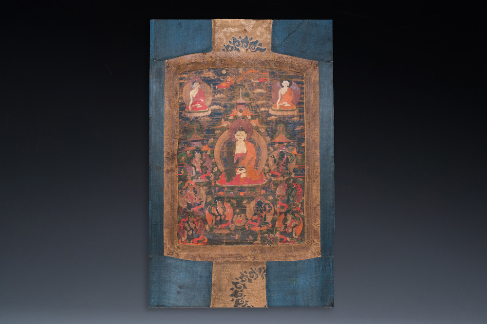 Een thangka met Bhaisajyaguru, Tibet, 15/16e eeuw