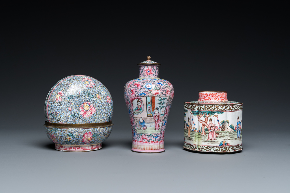 A Chinese Canton enamel covered vase, a covered bowl and a tea caddy, Qianlong