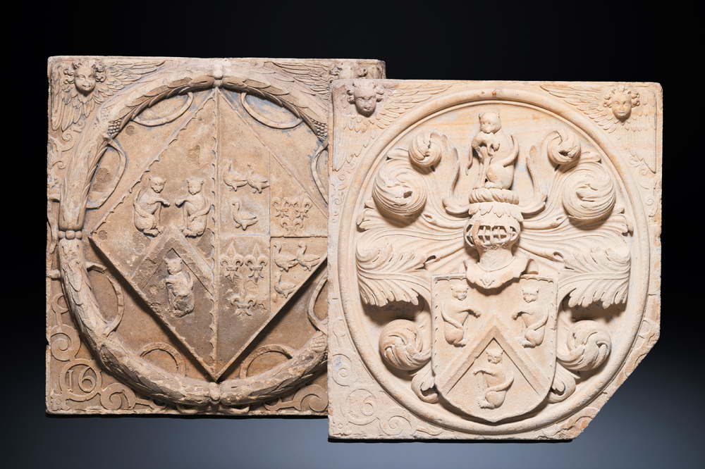 Two Belgian or French armorial architectural fa&ccedil;ade fragments, one dated 1602 but probably later