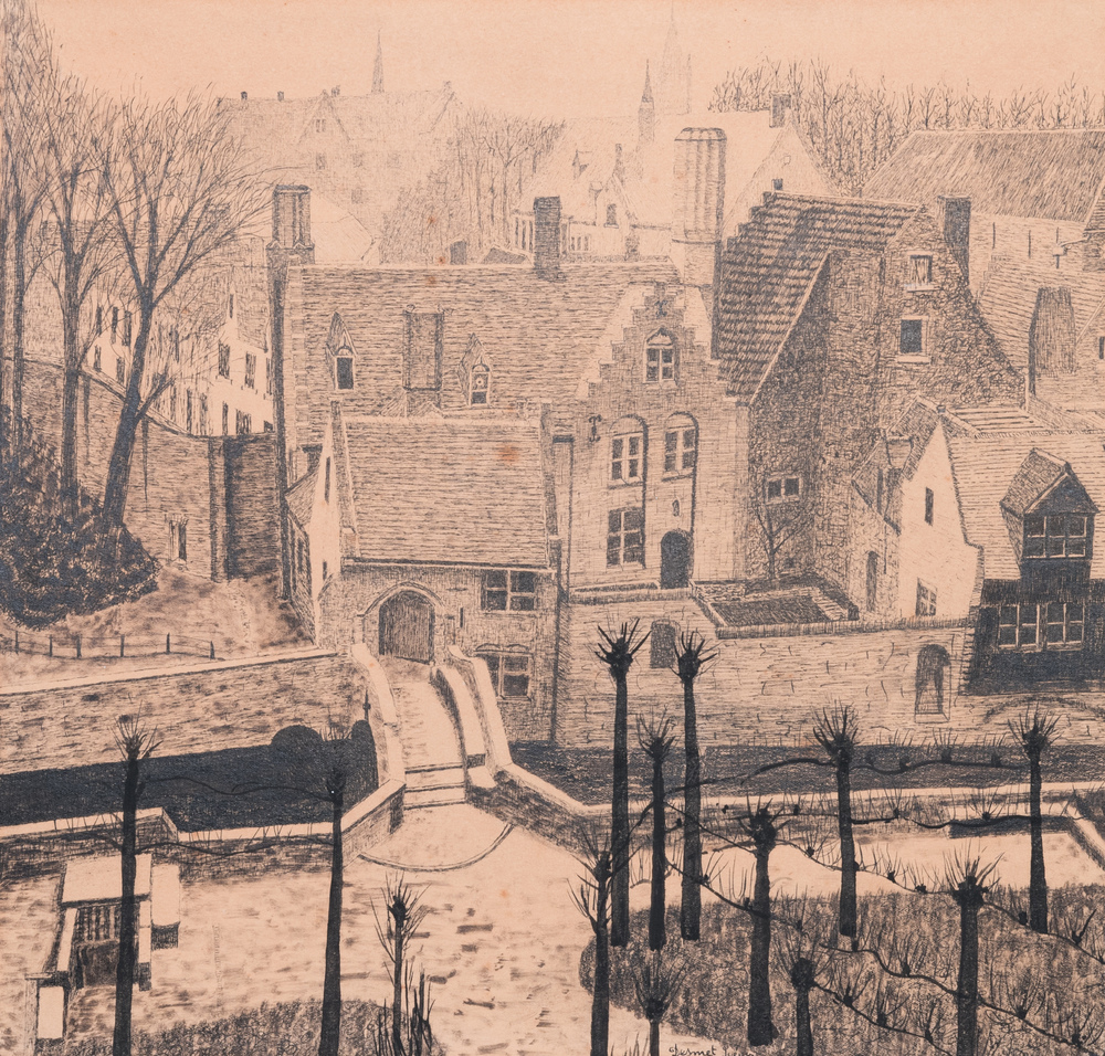 L&eacute;on De Smet (1881 &ndash; 1966): 'Vue sur le pont Boniface &agrave; Bruges', encre et crayon sur papier