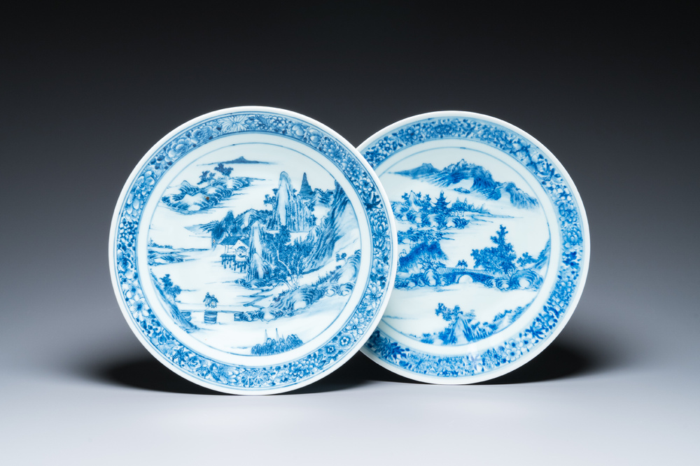 Two Chinese blue and white 'mountainous landscape' dishes, 19th C.