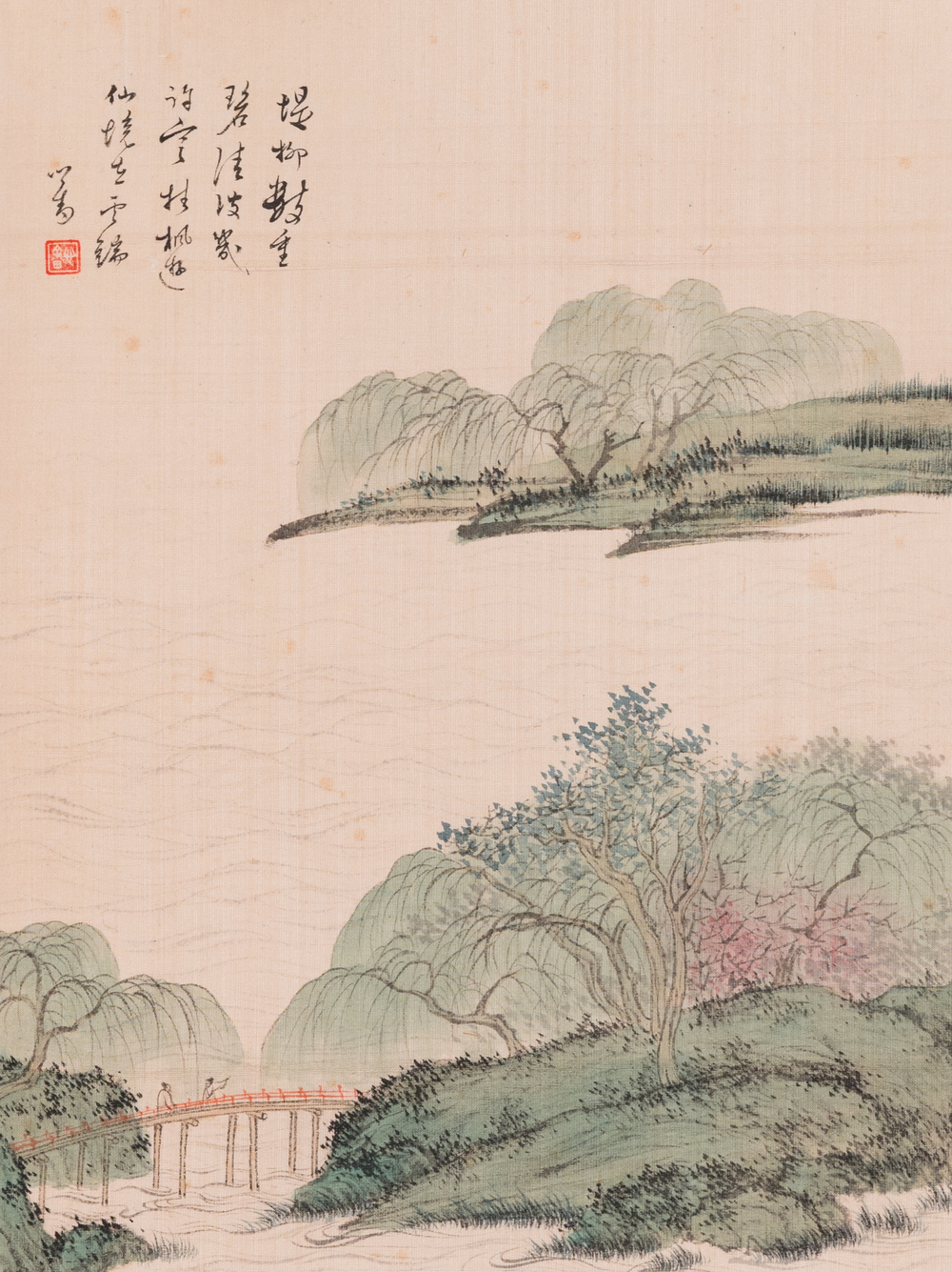 Attributed to Pu Xinyu 溥心畬 (1896-1963): 'Landscape with scholars under the willow', ink and colour on silk