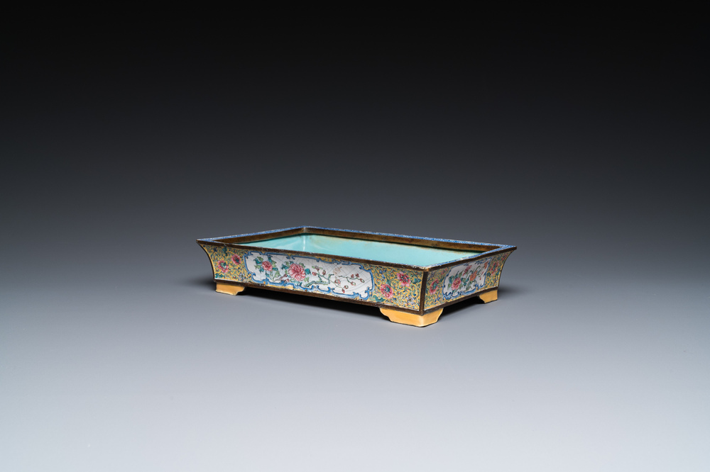 A rectangular Chinese yellow-ground Canton enamel jardini&egrave;re, Yongzheng