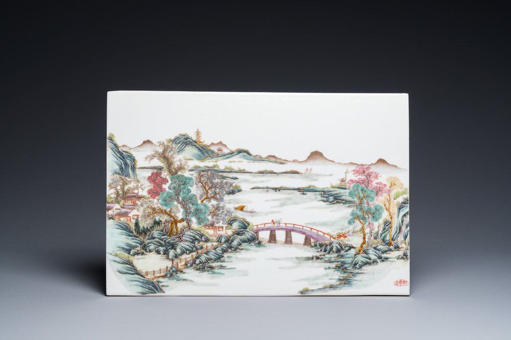 A Chinese rectangular famille rose plaque, Wang Yeting 汪野亭 seal mark, Republic