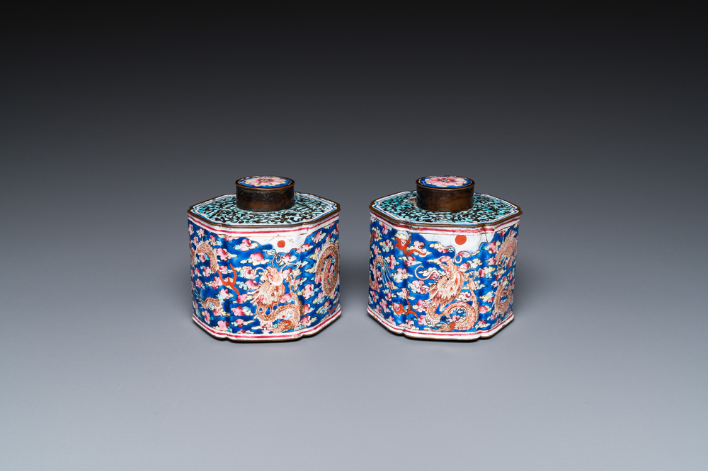 A pair of Chinese Canton enamel tea caddies and covers with dragons among clouds, Qianlong