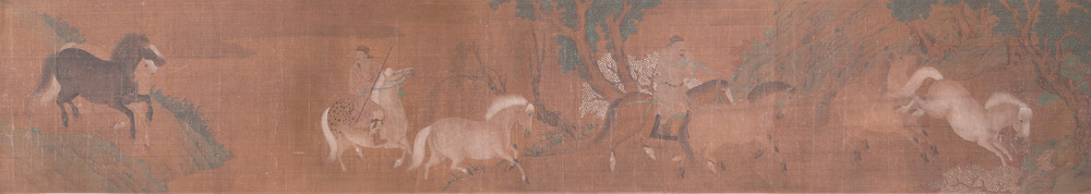 Chinese school: 'Two riders and eight horses', ink and colour on silk, probably Ming
