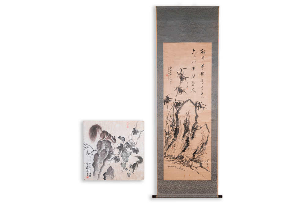 Liu Ruihua 劉瑞華 (1971): 'Squirrels and grapes', ink and colour on paper, dated 1995 and Jiang Yunge 江雲閣: 'Bamboo', ink on silk, dated 1949