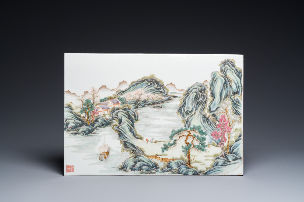 A Chinese rectangular famille rose plaque, Wang Yeting 汪野亭 seal mark, Republic