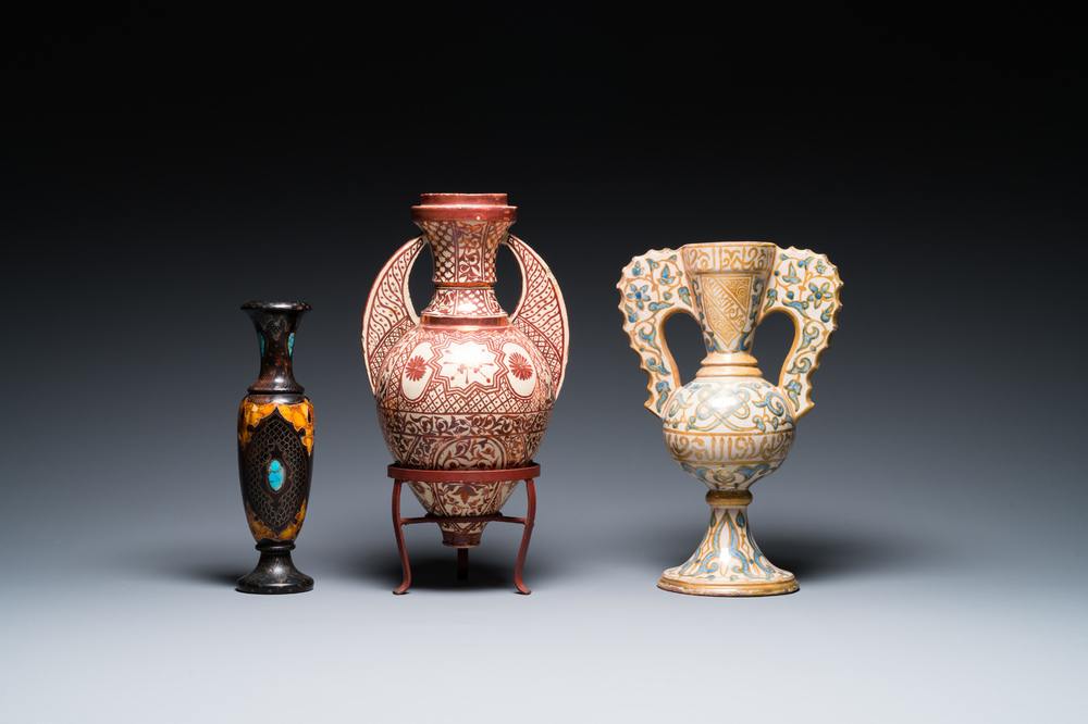 Deux vases hispano-mauresques &agrave; &eacute;mail lustr&eacute; de type 'Alhambra' et un vase en bois incrust&eacute; de pierres, Espagne et Afrique du Nord, 19/20&egrave;me
