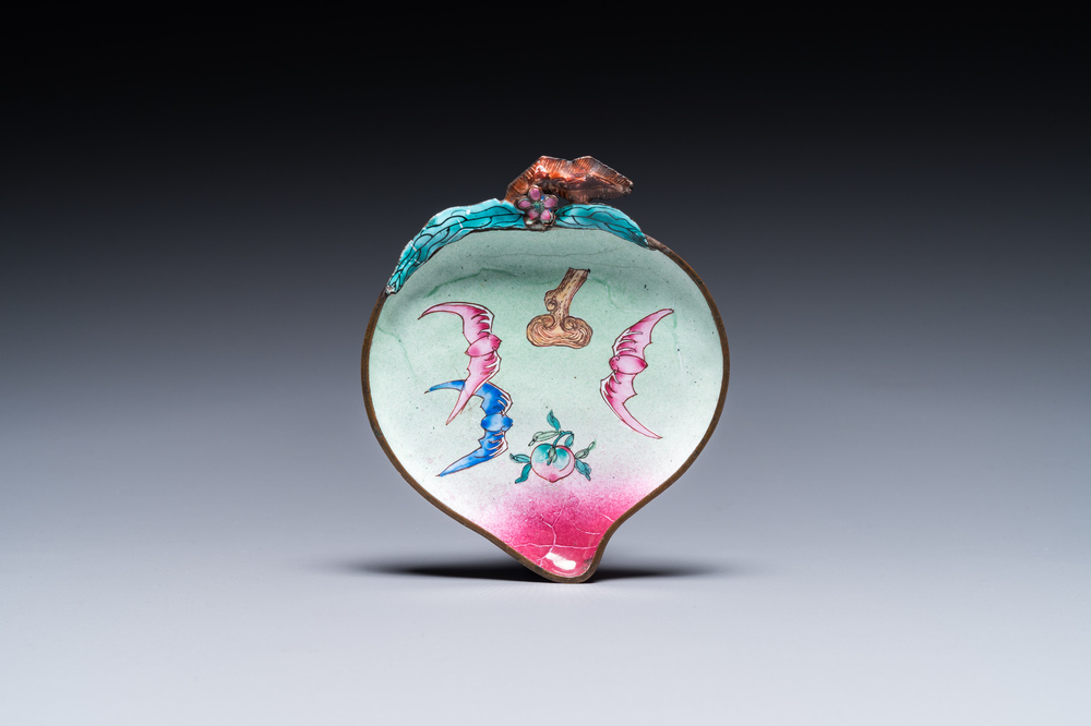 A Chinese Canton enamel peach-shaped saucer dish, Yongzheng