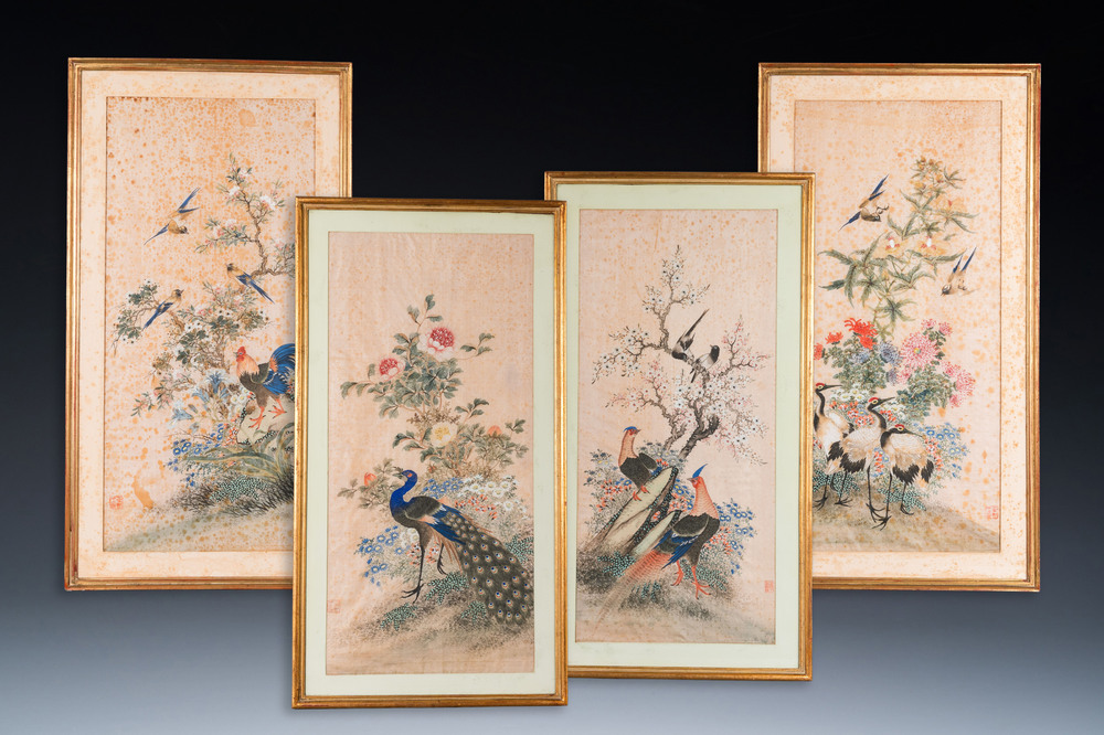 Wang Chengxun 王承勳 (19/20e eeuw): 'Vier werken met vogels, inkt en kleur op zijde, Republiek
