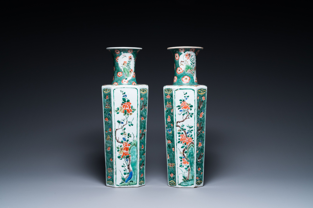 A pair of Chinese hexagonal famille verte vases with floral panels, Kangxi