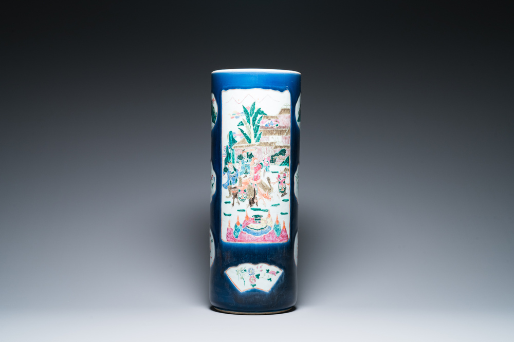 A large Chinese blue-ground famille rose cylindrical vase, 19th C.