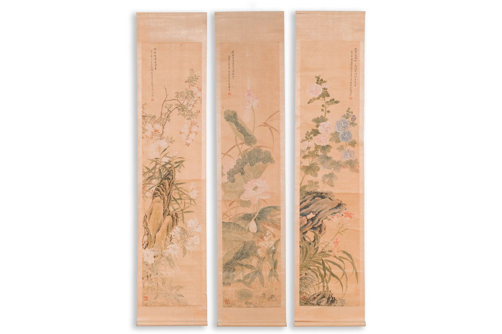 Yu Li 李钰( 1862-1922): Three scrolls with rocks and flowers, ink and colours on silk, dated 1906