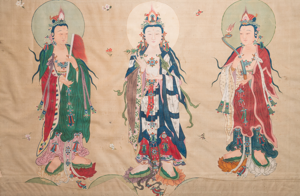Chinese school: 'Three Buddhist goddesses', ink and colour on silk, 18th C.