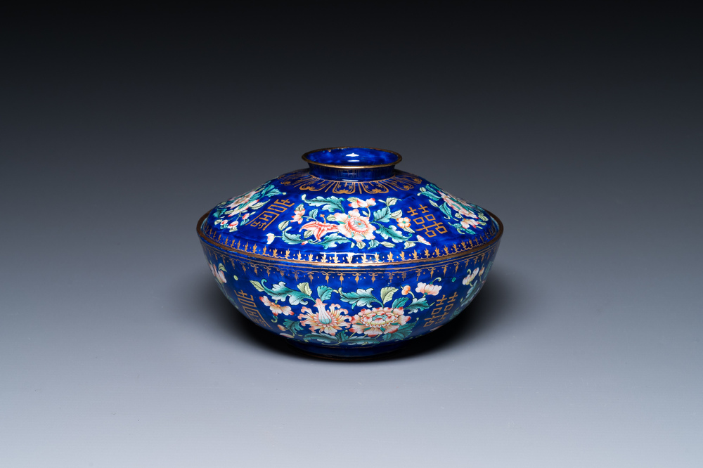 A Chinese blue-ground Canton enamel bowl and cover, Qianlong