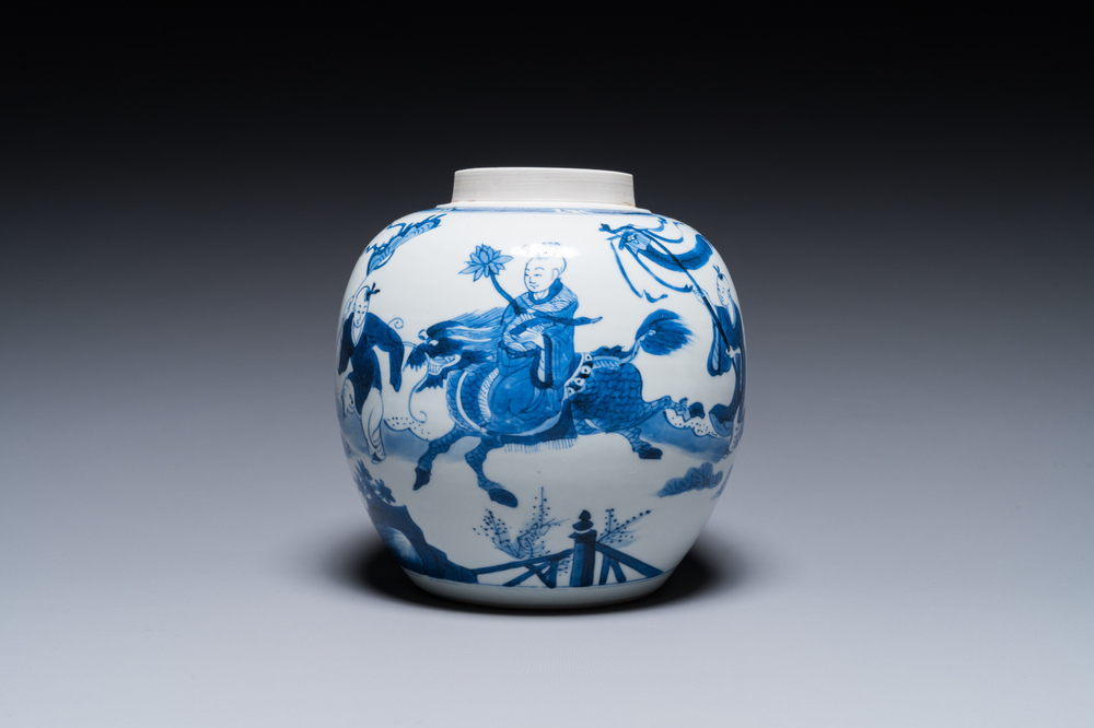 A Chinese blue and white ginger jar with playing boys with a qilin, Kangxi