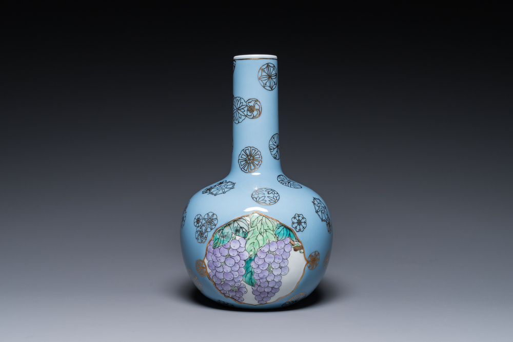 A Chinese lavender blue-ground bottle vase with fruit medallions, Republic