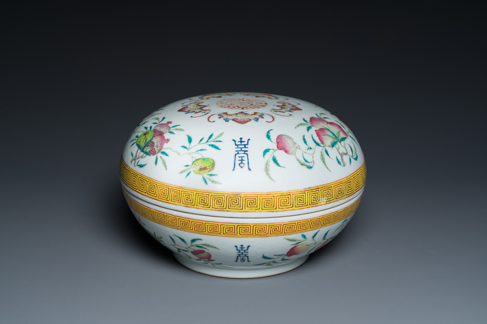 A round Chinese famille rose 'bats, sanduo and Shou' box and cover, Guangxu mark and of the period