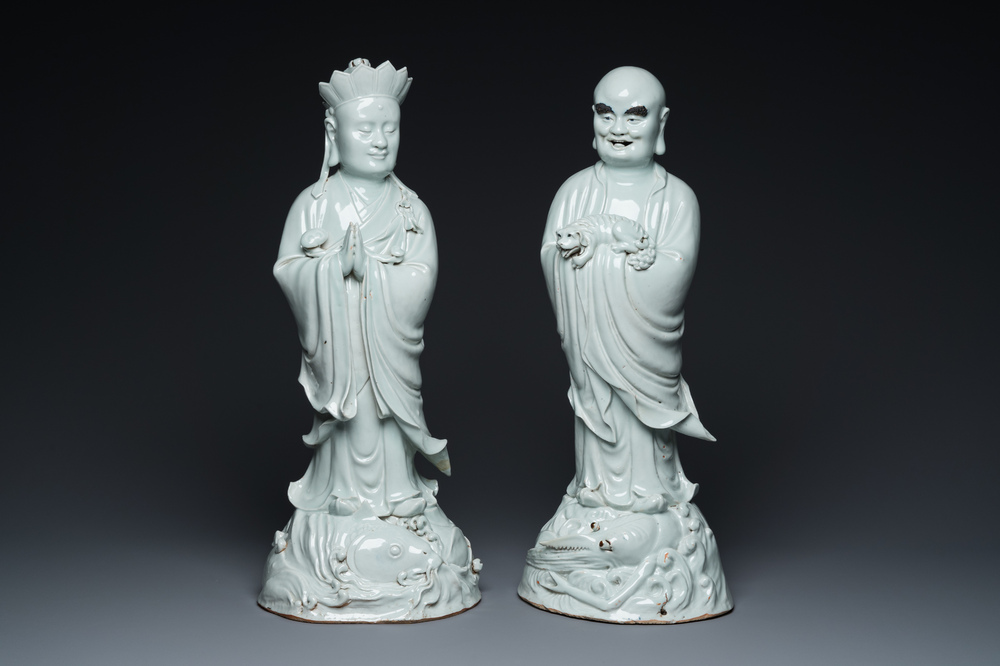 Two exceptionally tall Chinese white-glazed sculptures of Luohan, Qianlong/Jiaqing