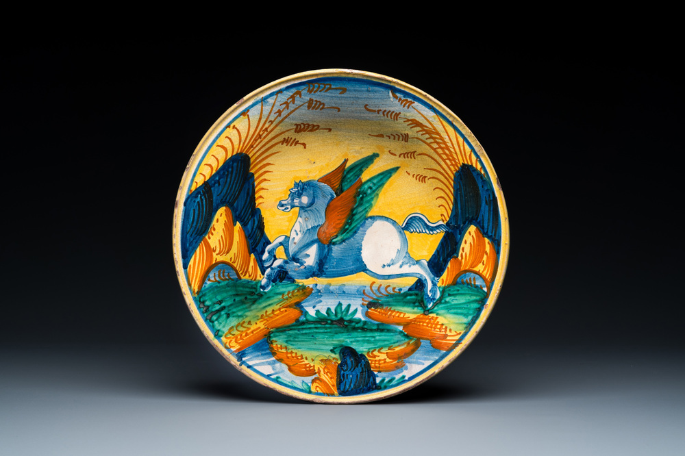 A polychrome maiolica 'Pegasus' dish, probably Montelupo, Italy, 17th C.
