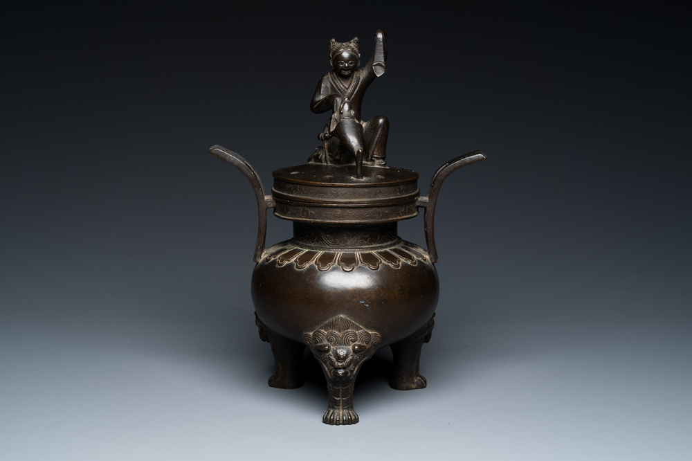 A Chinese bronze tripod censer with Liu Hai and the toad, Yuan
