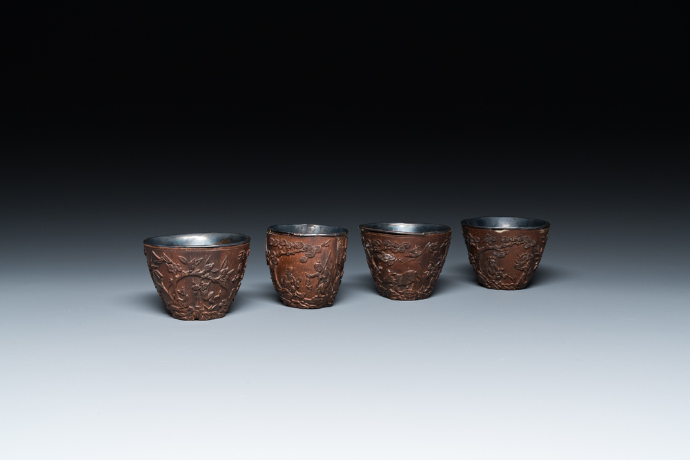 Four Chinese silver-lined coconut cups, Wang Hengxin 王恒馨 mark, 19/20th C.