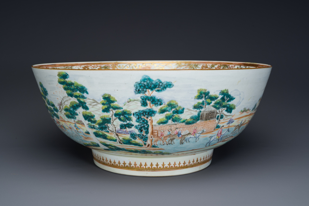 A large Chinese famille rose 'fox hunt' bowl, Qianlong